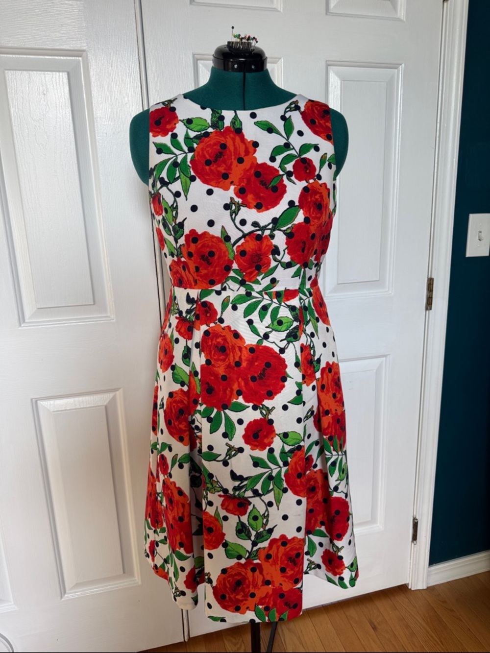 New York & Co White/Orange Floral/Navy Polka Dot Dress